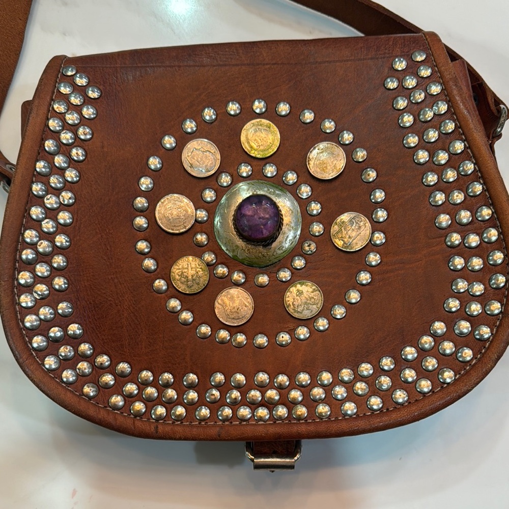 Brown Studded Leather Crossbody Bag